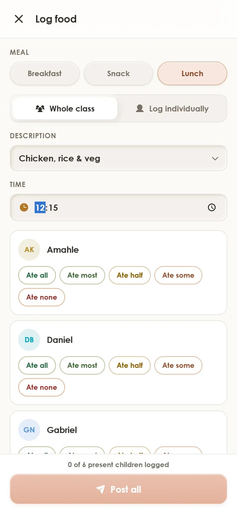 The app's real Log-food sheet: lunch drafted child by child, then posted with one tap