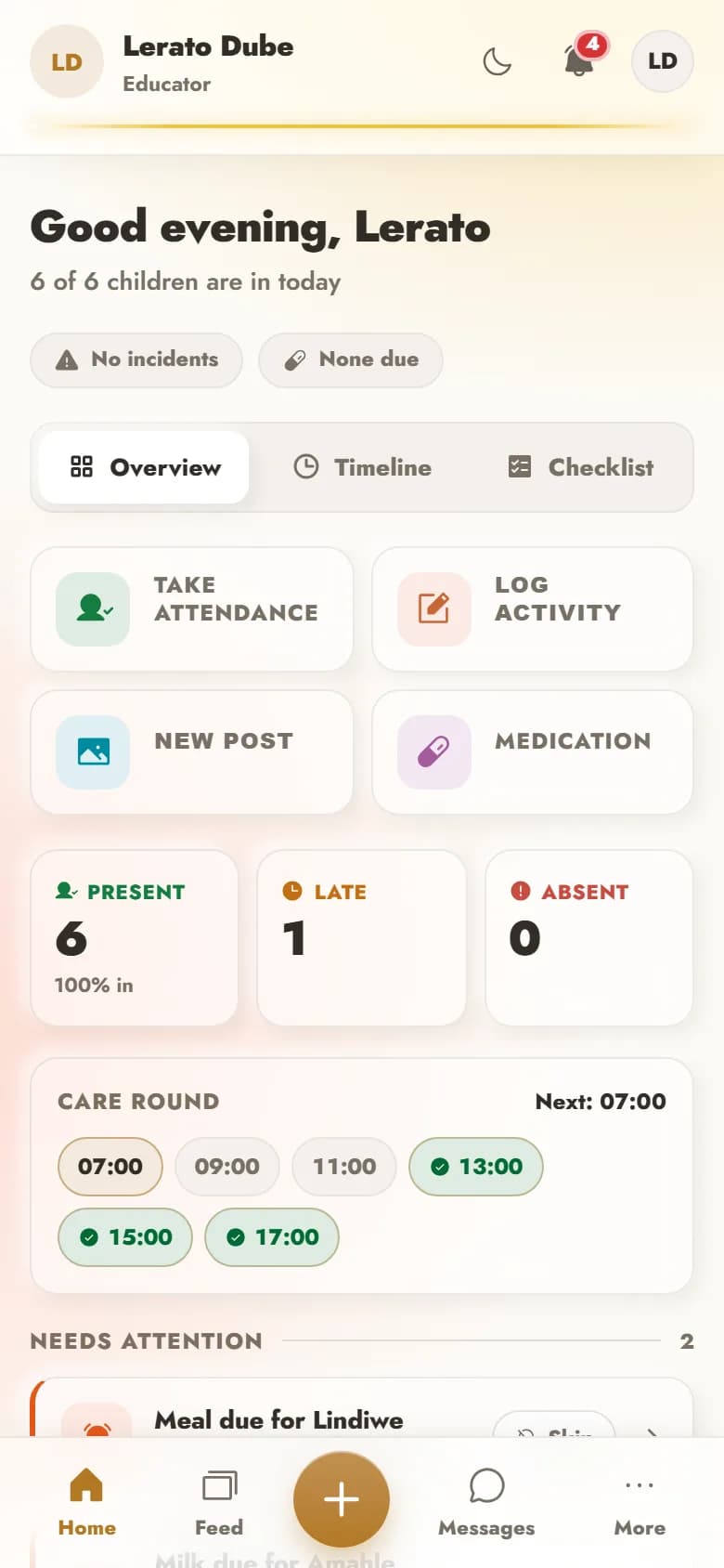 The teacher's quick-log screen: a child's nappy, meal, nap and mood recorded with four taps.